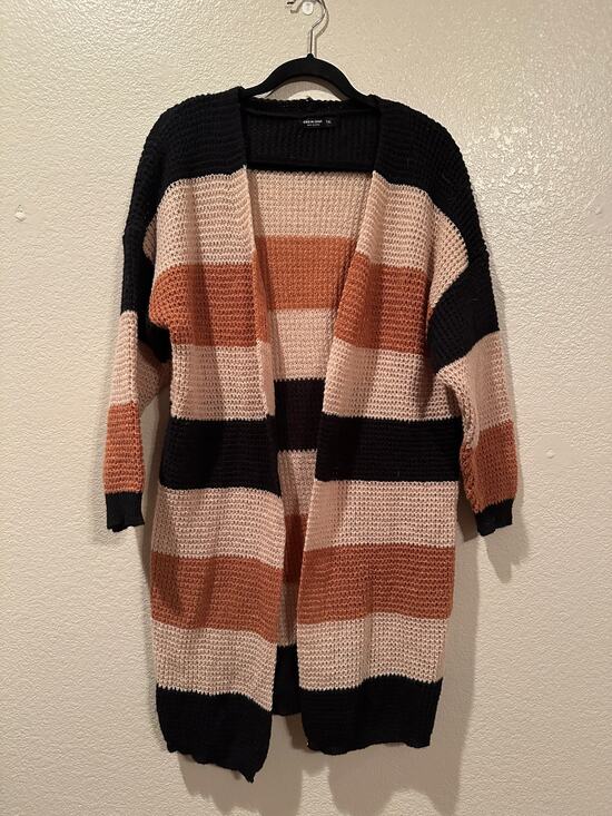 Shein curve Sweaters - NWOT Shein Curve light knight long striped cardigan black tan beige 1XL